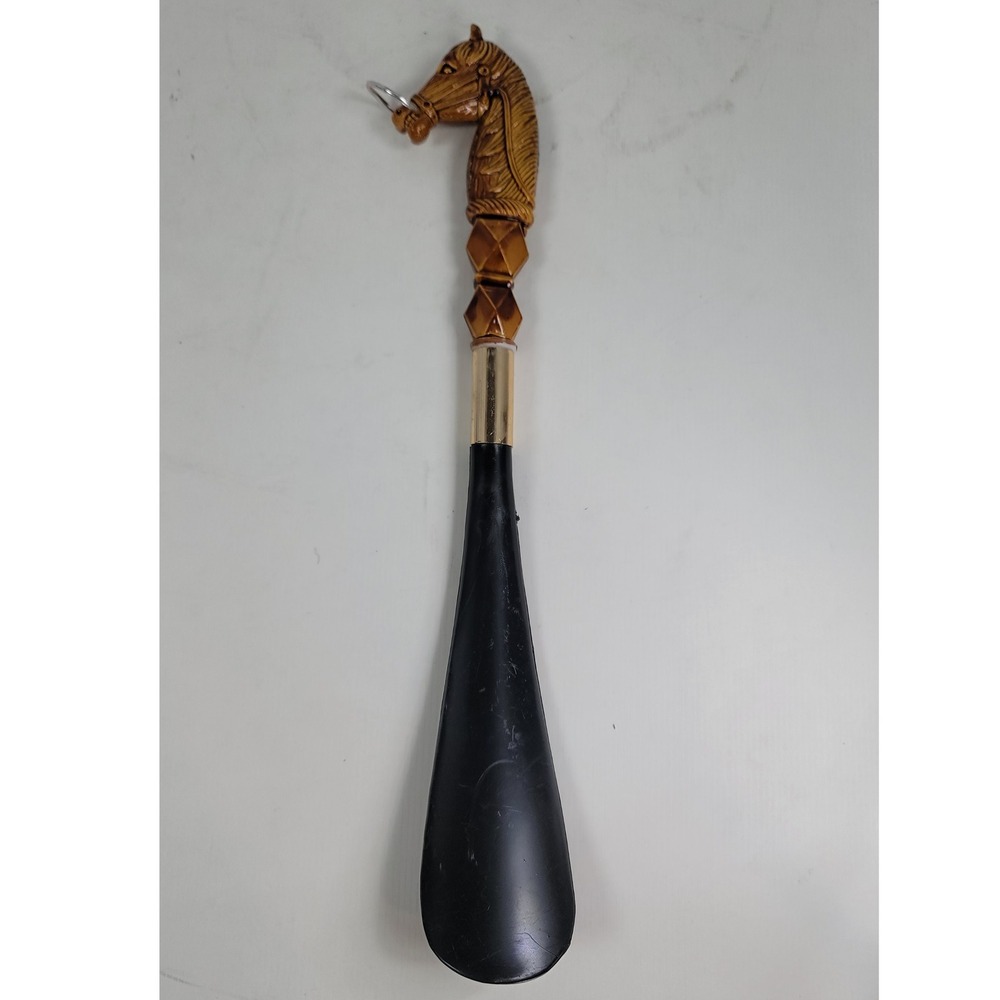 Vintage Horse Head Long Handle Shoe Horn Black Gold Equestrian Entryway Decor